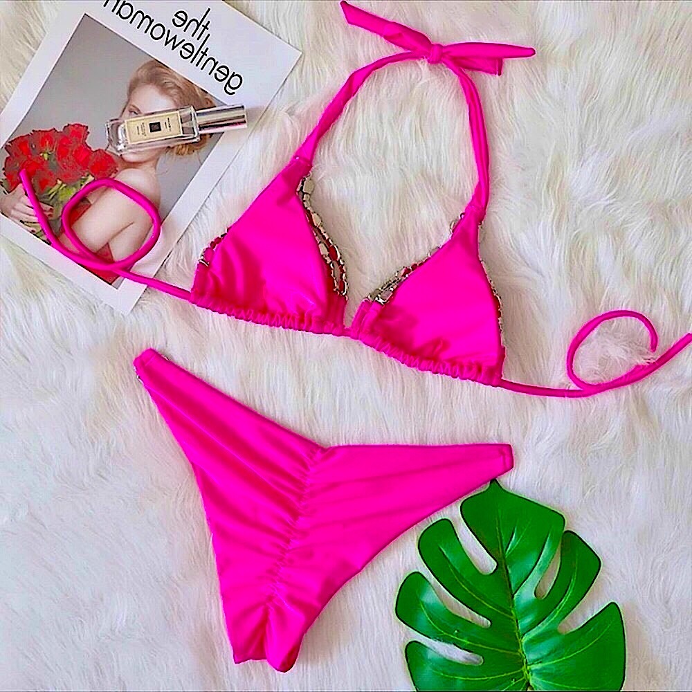 Hot pink crystal lined bikini set - Picture 8 of 13